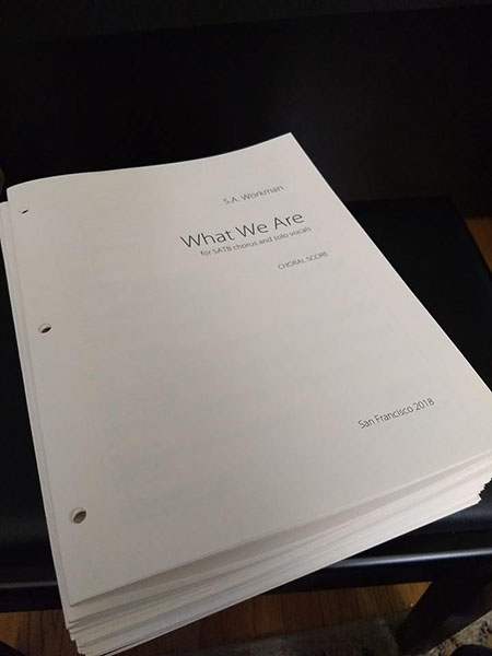 Photo: home-printed choral scores for 'What We Are'