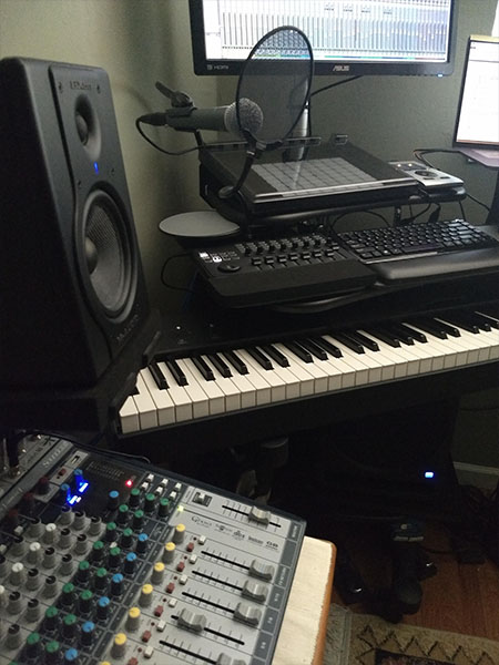 Photo: my main work area -- piano keyboard, computers, etc.